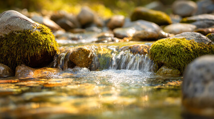 Tranquil forest stream flowing gently over moss-covered rocks with sunlight reflecting on the clear water in a peaceful natural setting