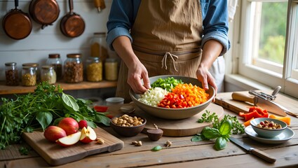 Freshly chopped vegetables ready for cooking in a rustic kitchen