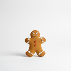 A smiling gingerbread cookie decorated with white icing and red buttons, standing playfully against a bright background.
