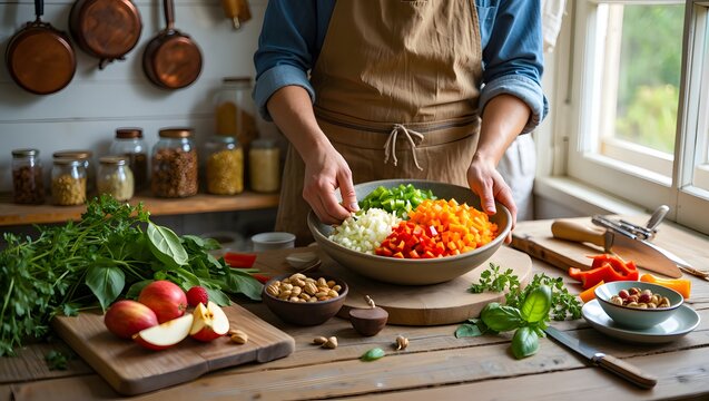 Freshly chopped vegetables ready for cooking in a rustic kitchen - Powered by Adobe