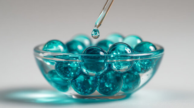 Transparent blue gel spheres in a glass bowl with a pipette adding a droplet, representing skincare or cosmetic hydration concepts in soft lighting