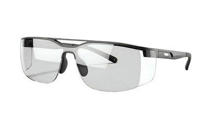 Close-up of protective eyewear, transparent lenses, sleek black frame, isolated on black