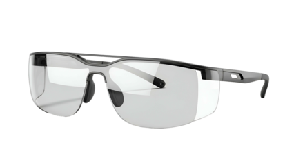 Close-up of protective eyewear, transparent lenses, sleek black frame, isolated on black