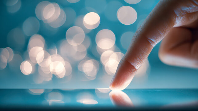 Person gently touching a tablet screen with a finger, illuminated by soft glowing lights creating a dreamy and futuristic atmosphere in the background - Powered by Adobe