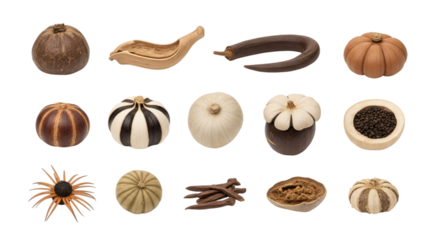 Collection of dried seed pods, natural gourds, and botanical elements showcasing various shapes, textures, and patterns, isolated on transparent background