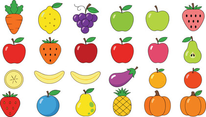 Mega Set of Cute Cartoon Fruits and Vegetables Icons Vector Illustration