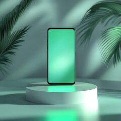 A full screen smartphone emitting a bold green glow placed on a white podium with smooth, curved edges.