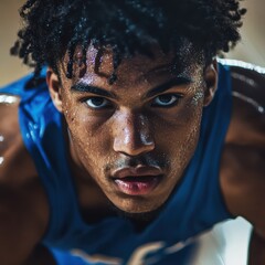 A forward-facing close-up of a running basketball player, eyes locked ahead and sweat streaking down his skin.