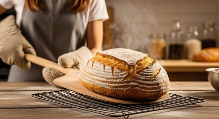 A person uses a wooden peel to remove a freshly baked, crusty loaf of bread from the oven. Steam rises from the hot bread