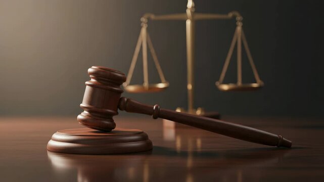 Wooden gavel and sound block resting on a polished table with the golden scales of justice in the background, symbolizing judgment, authority, and the legal system in a courtroom setting