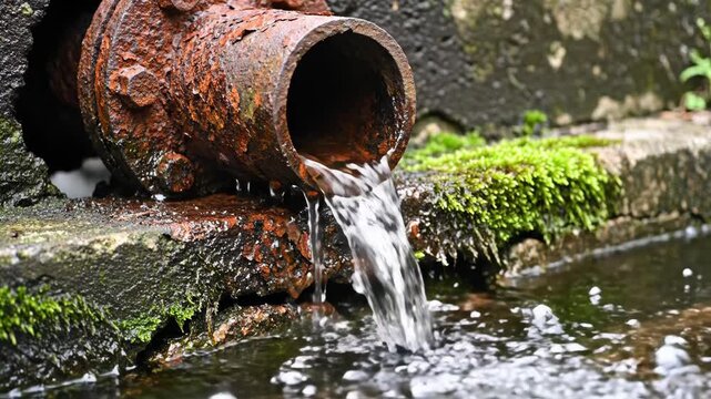 Close-up of rusty pipe discharging water into a small body of water, moss growing around
