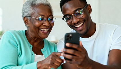 Smiling adult son helping his senior mother use a smartphone. Happy grandmother and grandson bonding over technology at home