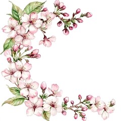 Fototapeta premium Delicate pink and white blossoms form an ornamental corner border design on a clean background
