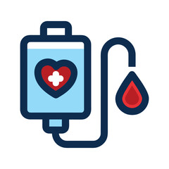Medical infusion bag with heart symbol and blood drop icon