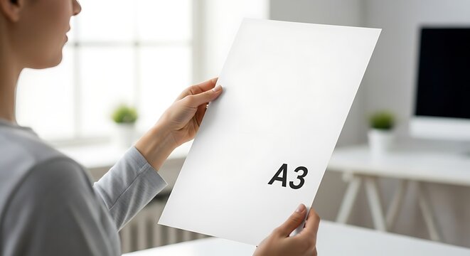 A person, viewed from the side, holds a large white sheet of paper labeled "A3" against the backdrop of an office - Powered by Adobe