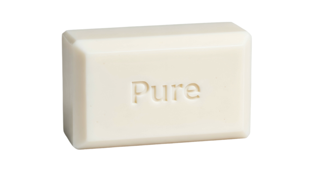 A rectangular, cream-colored bar of soap with the word "Pure" embossed on its surface