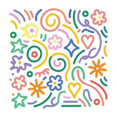 Whimsical hand drawn colorful doodle pattern with hearts stars and flowers