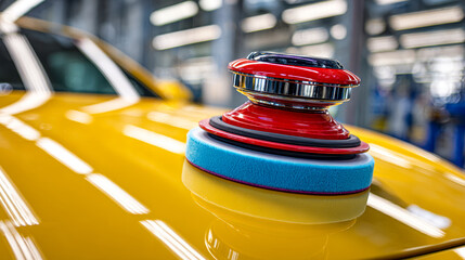 Electric car polisher with colorful foam pad resting on shiny yellow vehicle surface in a professional automotive workshop environment
