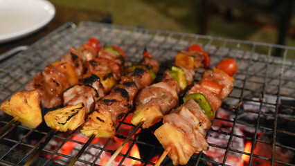 Grilled Skewers with Meat, Pineapple, and Vegetables Cooking Over Open Flames on Barbecue Grill in an Outdoor Setting
