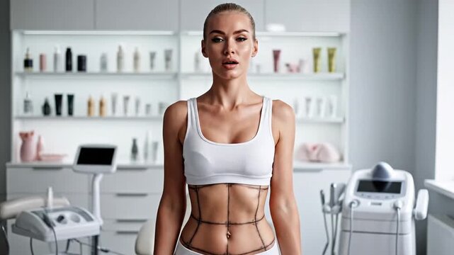 Blonde Woman In White Sports Bra And Underwear Stands In A Bright Well Stocked Beauty Treatment Room With Various Devices And Shelves Filled With Products