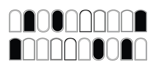 Islamic window and door designs, along with Arab and Muslim mosque shapes. Ramadan or Al-Adha golden decoration, holiday frames.