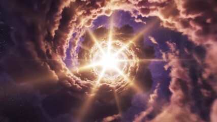 Swirling clouds converge on a brilliant light source with starlight peering through, ethereal and otherworldly feel
