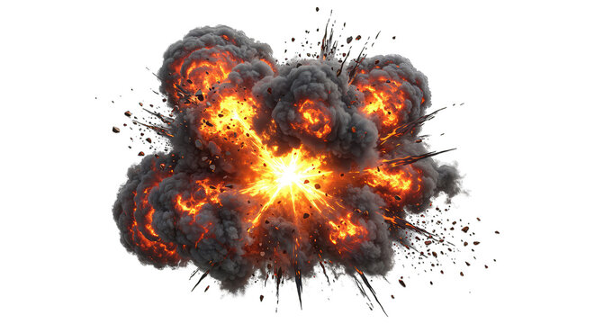 Intense fiery explosion with smoke and debris scattering outwards, blast effect - Powered by Adobe