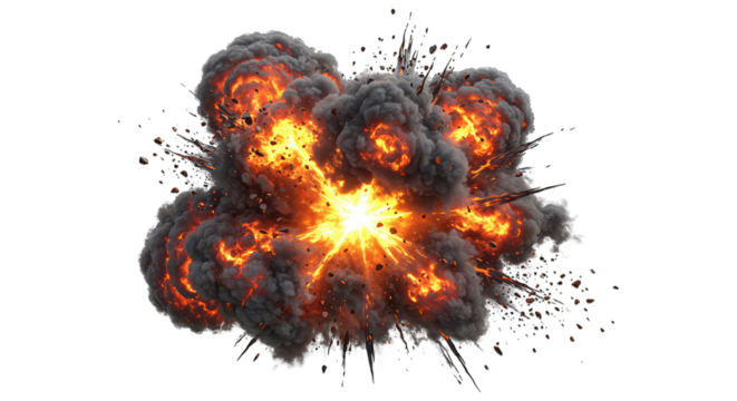 Intense fiery explosion with smoke and debris scattering outwards, blast effect