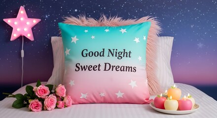 Good night sweet dreams pillow with roses and candles on a cozy bed setting