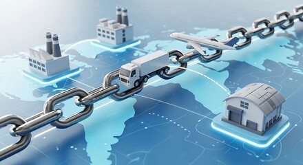 Global supply chain illustration featuring factories trucks and warehouses connected