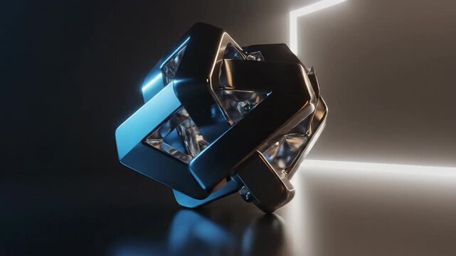 Interwoven square knot, metallic and reflective, against a neutral, lit backdrop