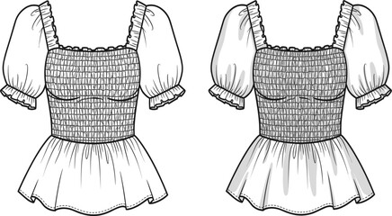 Women's square neck blouse technical flat sketch vector, puff sleeve top with smocked bodice and peplum hem, apparel design template for fashion mockup