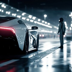 A luminous pit scene showing a single driver next to an aerodynamic sports car, with strong brightness across the frame. 