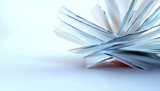 An abstract sculpture made of intersecting translucent glass shards, creating a complex geometric form with sharp edges and smooth surfaces. The lighting is sof