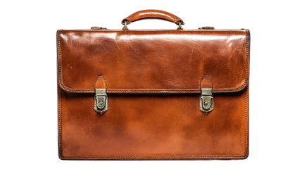 Brown leather briefcase isolated on transparent background, vintage and professional
