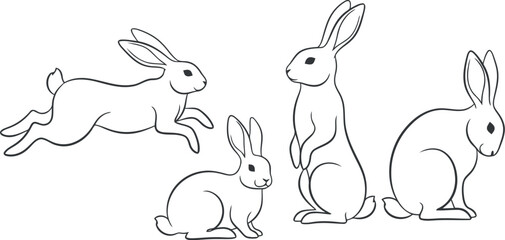 Whimsical line drawing of four playful rabbits in motion
