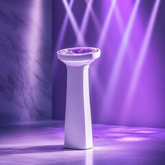 A polished white watch stand placed in a studio with cinematic lighting featuring directional beams and ambient purple glow.