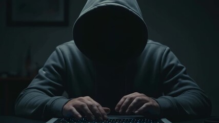 Faceless computer hacker in a grey hoodie sitting at a desk in a dark room and typing code on a laptop keyboard, representing cybersecurity threats, data theft, and online criminal activity - Powered by Adobe