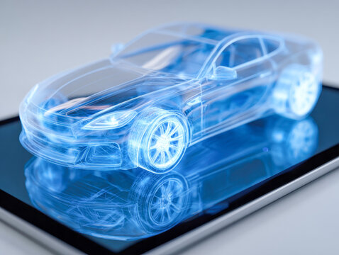 Futuristic digital hologram of a sports car displayed on a smartphone screen showcasing advanced vehicle design and modern technology concepts