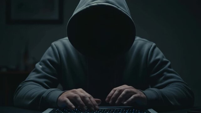 Faceless computer hacker in a grey hoodie sitting at a desk in a dark room and typing code on a laptop keyboard, representing cybersecurity threats, data theft, and online criminal activity