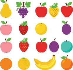 Set of Colorful Flat Design Fruits and Berries Icons Vector Illustration
