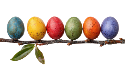 colorful easter eggs sitting on spring tree branch with some leaves isolated on white or transparent png