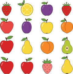 Set of Colorful Flat Design Fruits and Berries Icons Vector Illustration