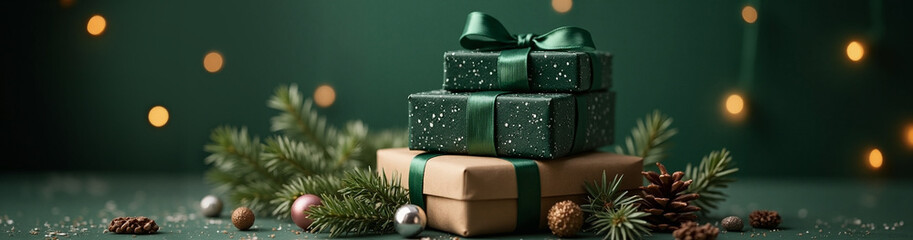 Festive gifts wrapped in emerald green sit nestled amongst pine branches and twinkling lights, creating a cozy holiday scene.