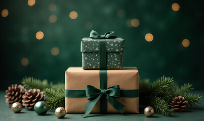 Festive gifts wrapped in elegant paper and ribbon sit atop a rustic table adorned with greenery and pinecones against a bokeh background.