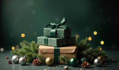 Festive gifts and ornaments create a cozy, elegant holiday scene against a dark green backdrop.