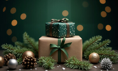 Festive gifts and natural elements create a warm, inviting holiday scene.