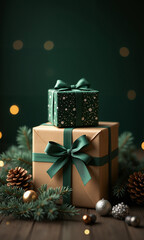Festive gift boxes adorned with ribbons and pine branches create a cozy holiday scene.
