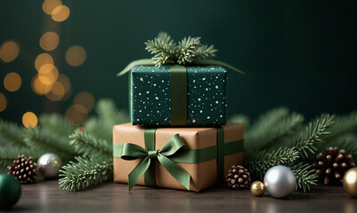Festive gifts wrapped in green and brown sit atop a wooden surface adorned with pine branches, cones, and twinkling lights.