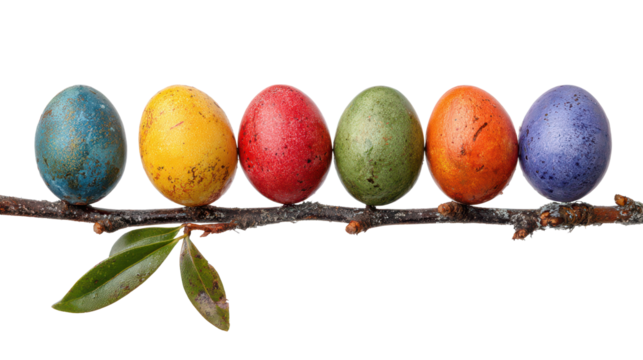 colorful easter eggs sitting on spring tree branch with some leaves isolated on white or transparent png